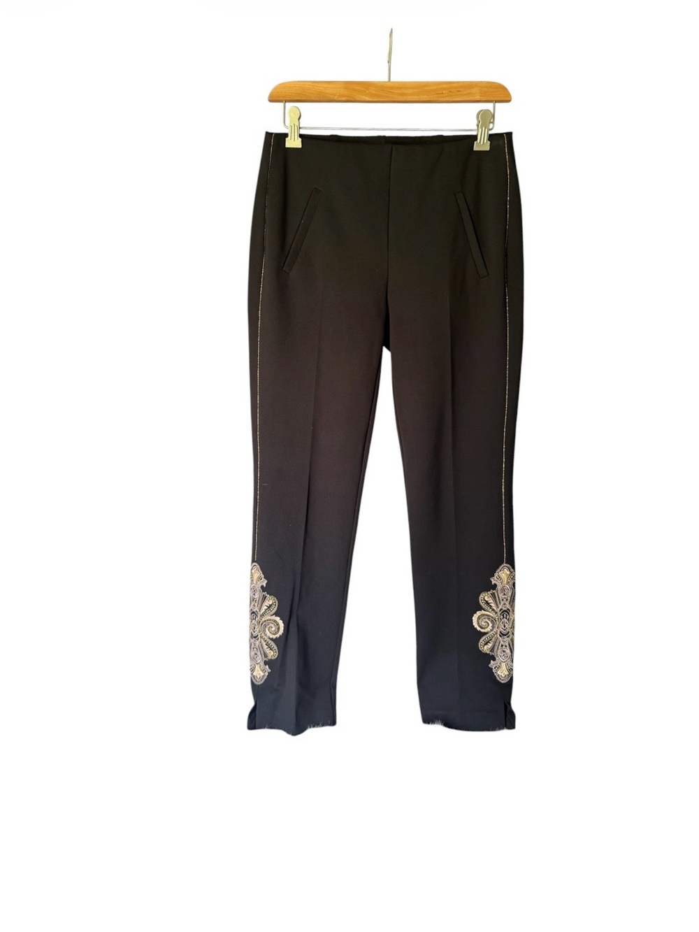 Chico's Black Straight-Leg Pants with Embroidered Hem